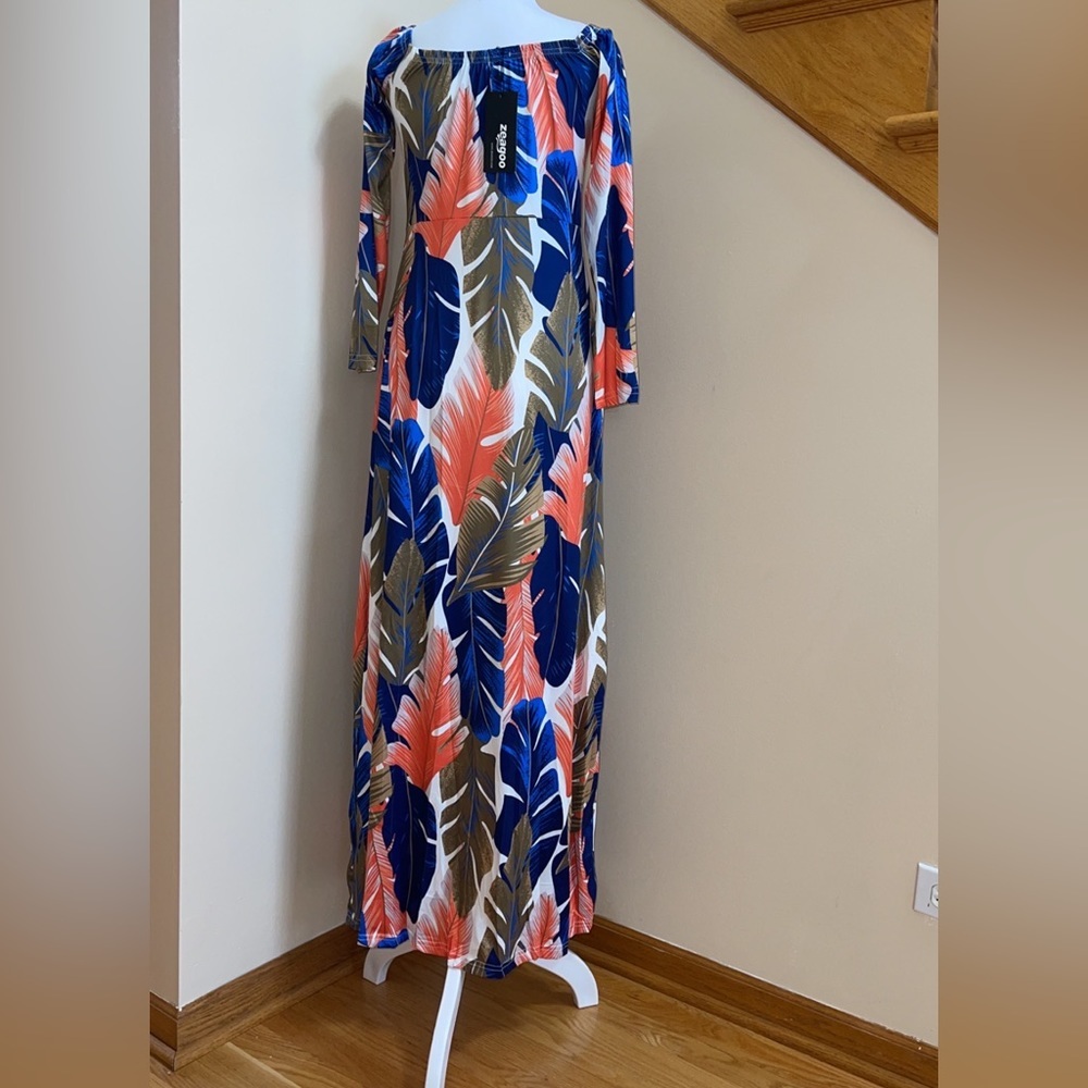 Women’s Beach Casual Dress Size Medium Floral Leaves Vibrant Color 2 Front Slits - Picture 8 of 8